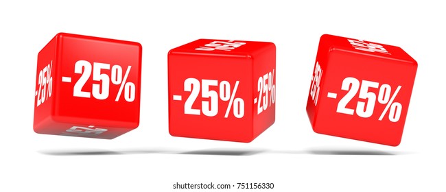 Twenty five percent off. Discount 25 %. 3D illustration on white background. Red cubes.