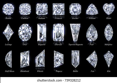 Twenty one various diamond cut shapes, close-up view with style names, isolated on black background. 3d rendering illustration