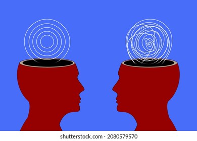 Twi Kind Of People Human Psychology Concept. Complicated Man VS Simple Thinking Logic Man. Open Heads With Messy Line. Mental Health And Psychiatry Concepts, Simplicity And Complexity People 3d 