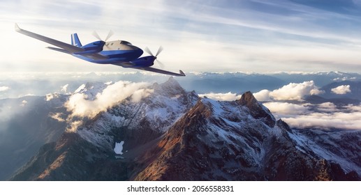 Twin Engine Airplane Flying over the Rocky Mountain Landscape. Adventure Composite. 3D Rendering Plane. Aerial Background from British Columbia near Vancouver, Canada.