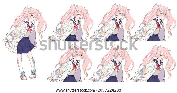 Twin tail schoolgirl standing picture and\
upper body facial expression\
difference