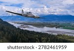 Twin-engine small plane flies over a river valley and forested farmland beneath snowy mountains, 3d Rendering, 3d Aircraft - Background from BC, Canada