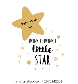 Twinkle twinkle little star text with cute golden stars for girl baby shower card template illustration. Banner for children birthday design, logo, label, sign, print. Inspirational quote