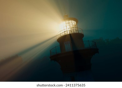 Twinkling at dusk, the lighthouse stands as a maritime sentinel, its beams slicing through the mist, offering safe passage amidst the tranquil yet enigmatic seascape. - Powered by Shutterstock