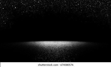 twinkling glitter falling on a flat surface lit by a bright spotlight (elegant black and white stage background, 3d illustration)  