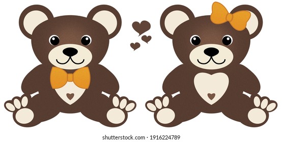 Twins, Boyfriend, Girlfriend, Brother, Sister, Friends, matching boy girl teddy bears with bowtie and hairbow and hearts Illustration isolated on white background.