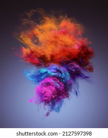  Verdrehte Explosion von orangefarbenem, violettem und rosafarbenem Staub. Die Bewegung des Farbpulvers wird eingefroren. 3D-Illustration