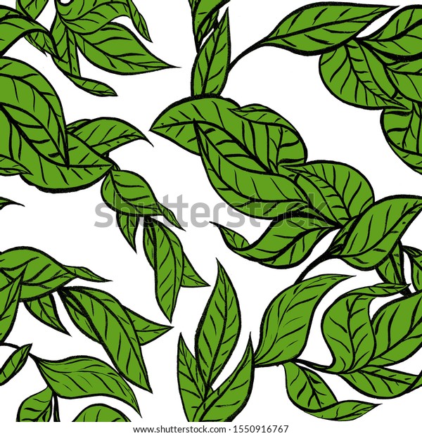 Twisted green\
leaves. Graphic leaves elements drawn with ink. seamless pattern\
graphics for design. Set of hand drawn design elements. Collection\
of black ink abstract\
textures.