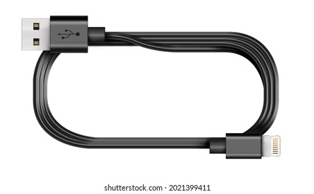 Twisted Single Black USB Cable Lighting Cable. Isolated 3D Illustration. Usb Cord. Charger Usb Cable On A White Background. 3D Render. 