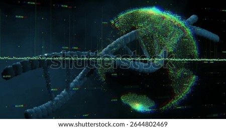 Twisting DNA helix turning through data space with particle field and data line with numeric labels. Futuristic, digital, sci-fi, data visualization, abstract, technology, innovation
