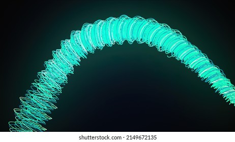 Twisting weave 3d rendering of lines in minimalist design. Abstract digital textures tangled and compressed into rope with decaying ends. Spiral bright roll with dynamic unwinding.