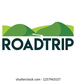 Twisty Road Running Through A Mountain Valley With The Word Roadtrip Logo Design Illustration.