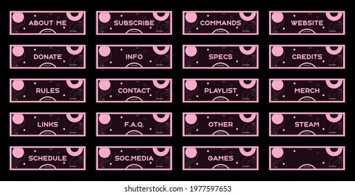 Twitch set of cute pink stream panels and overlays for live streamers. Design alerts and buttons for streaming. 16:9 and 4:3 screen resolution. Stream panels . Twitch overlays design template	