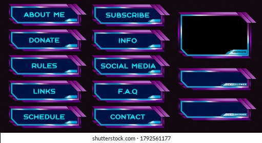Twitch set of modern pink-blue gaming panels and overlays for live streamers. Design alerts and buttons for streaming. 16:9 and 4:3 screen resolution. Stream panels and buttons for twitch web