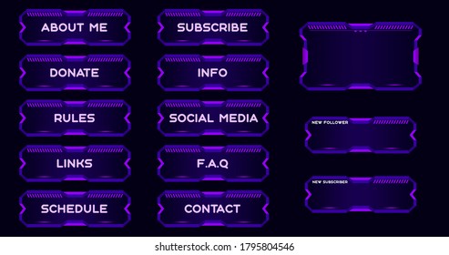 Twitch set of modern purple gaming panels and overlays for live streamers. Design alerts and buttons for streaming. 16:9 and 4:3 screen resolution. Stream panels and buttons for twitch web