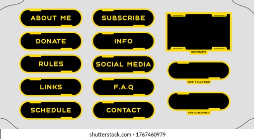 Twitch Set Of Modern 
Round Yello-black Gaming Panels And Overlays For Live Stream. Design Alerts And Buttons For Streaming. 16:9 And 4:3 Screen Resolution. Twitch And Youtube Panels