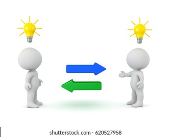 Two 3D Characters Exchanging Idea. Image Depicting How To People Exchange Two Concepts.
