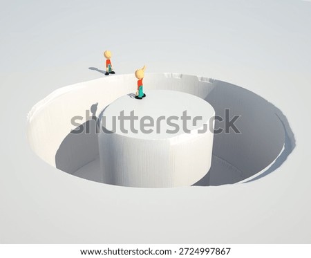 Two 3d figures communicating in pit dilemma choice risk metaphor. This is a 3d illustration, made by hand.