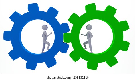 two 3d figures working in team