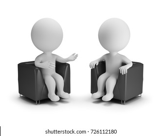 Two 3d People In Armchairs Chat. 3d Image. White Background.