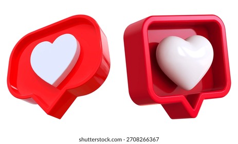 Two 3D red chat bubbles, each containing a white heart, are shown on a white background. 