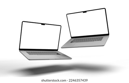 Two 3D Rendered floating mockup Laptops with blank screens isolated on white background