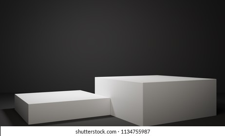 Two 3D White Square Podiums Lit In A Dark Environment. One Taller, One Shorter.