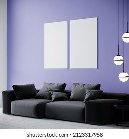 Two Accented Vertical Canvases. Mockup For Art - 2 Diptych Paintings Pictures. Very Peri Trend Color And Black. Modern Interior Desig Room. 3d Rendering