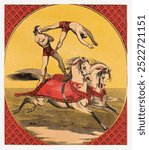 Two acrobats, aesthetic chiaroscuro woodcut. Vintage horse in circus, art drawing illustration, acrobats on horse old painting, horse art print.