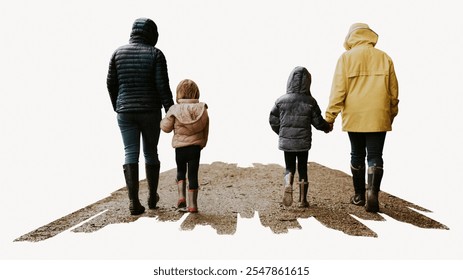 Two adults and two children in jackets and boots walk together. Family outing in jackets, boot. Outdoor walk with family in jackets and boots. Parents walking with two kids in Autumn. - Powered by Shutterstock