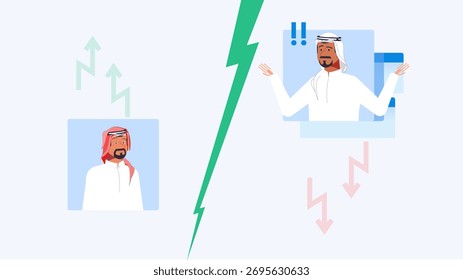 Two Arab men in split screen with arrows showing growth and decline. Represents emotional contrast and business outcomes