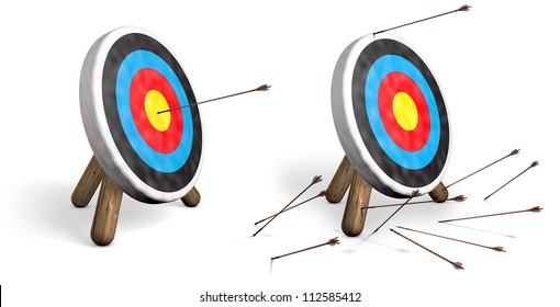Two archery targets on white; one with bulls eyes and another with all arrows missing the target