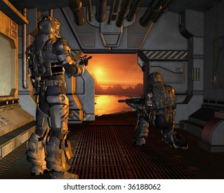 Two Armoured Space Marines About To Disembark From Their Spaceship Onto The Surface Of A Red Planet, 3d Digitally Rendered Illustration