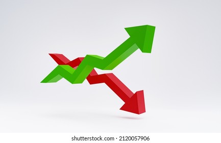 Two arrows crossing each other. One arrow up and one arrow down. Symbol for positive and negative trend. 3D illustration
