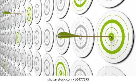 Two Arrows Hitting The Center Of Green Targets. There Is Some Grey Targets Around. This Is A 3d Image With Perspective