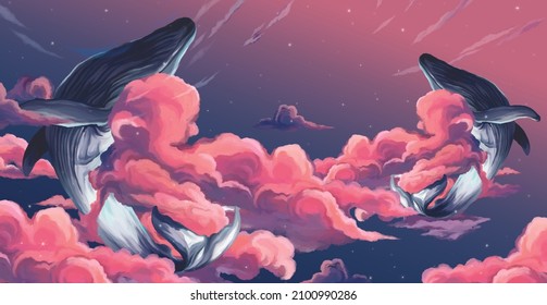 
two art drawn whales that jump out of the clouds in the night sky, wall murals in a room or interior of a building, institution