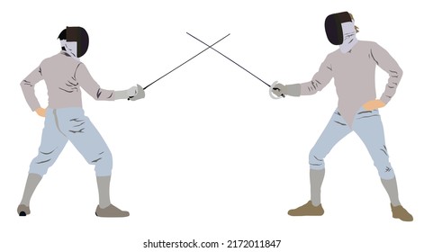 Two Athletes Practicing Fencing With Fencing Protective Gear