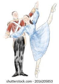 Two ballet dancers, classic dancing pose. Ballerina and dancer. Nutcracker ballet performance. Pencil drawn illustration.