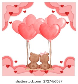 two bears are sitting together bring big pink heart balloon with pink background