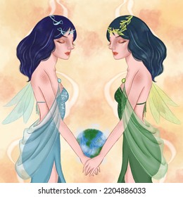 Two Beautiful Goddesses Of Nature Holding The Earth Goddess Of Creation