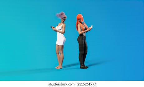 Two Beautiful Young Adult Sisters With Mobile Phone In Hand On A Colored Background, 3D Illustration