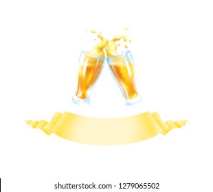 Two Beer Glasses clink at a Toast with a Splash of foam, Ribbon for text below. Color illustration of a cool craft drink, Template for design menu restaurants, pubs, bar, brewery, Festival posters - Powered by Shutterstock