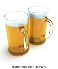 Two Beer Mugs Isolated On A White Background. 300 D.P.I