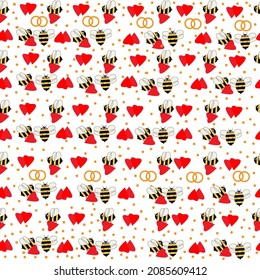 Two Bees In Love Exchange Hearts And Plan To Get Married. A Couple Of Lovers, Possibly Of The Same Sex, Surrounded By Rings, Hearts And Festive Tinsel. Perfect For Engagement, Wedding, Valentine's Day