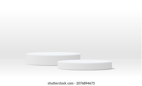 Two Big Size White Round Pedestal Podium That Rounded Edges.For Place Goods,cosmetics,cartoon Model,design Fashion,food,drink,fruit Or Technical Tools Advertising.3D Illustration.