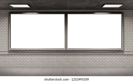 Two Billboards Frames In White Underground Tube Station Mockup 3D Rendering