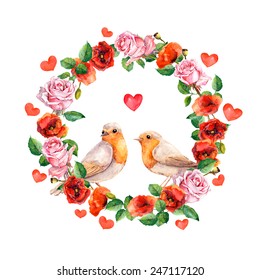 Two Birds In Love With Heart. Rose And Poppy Flowers - Vintage Design For Wedding Card. Retro Floral Wreath. Watercolor