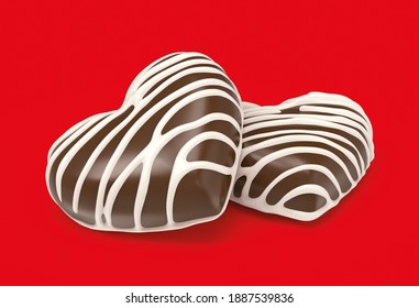 Two Bitter Heart Chocolates With White Chocolate Decoration On A Red Background. 3d Rendering