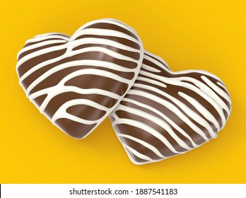 Two Bitter Heart Chocolates With White Chocolate Decoration On A Yellow Background. 3d Rendering