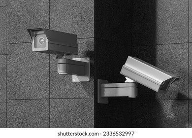 Two black CCTV camera on grey concrete tile wall, video equipment outdoors in public area. Concept of surveillance, security and monitoring. 3D rendering illustration